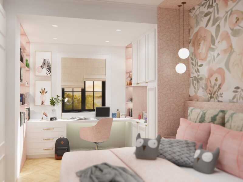 a bedroom with a bed, desk, and chair