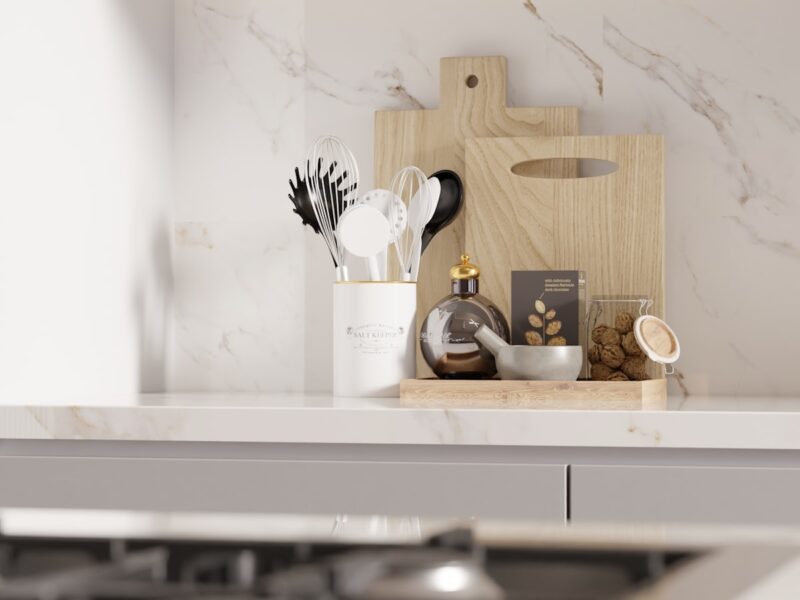 Kitchen counter with cutting boards and utensils